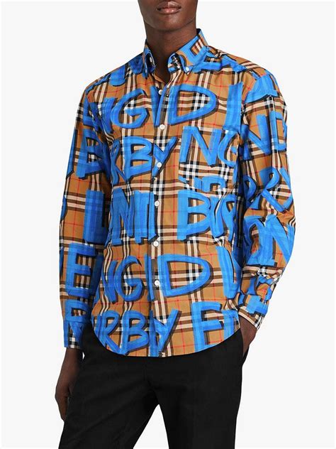 burberry graffiti print t-shirt|Burberry Blue Graffiti Print Vintage Check Shirt for men.